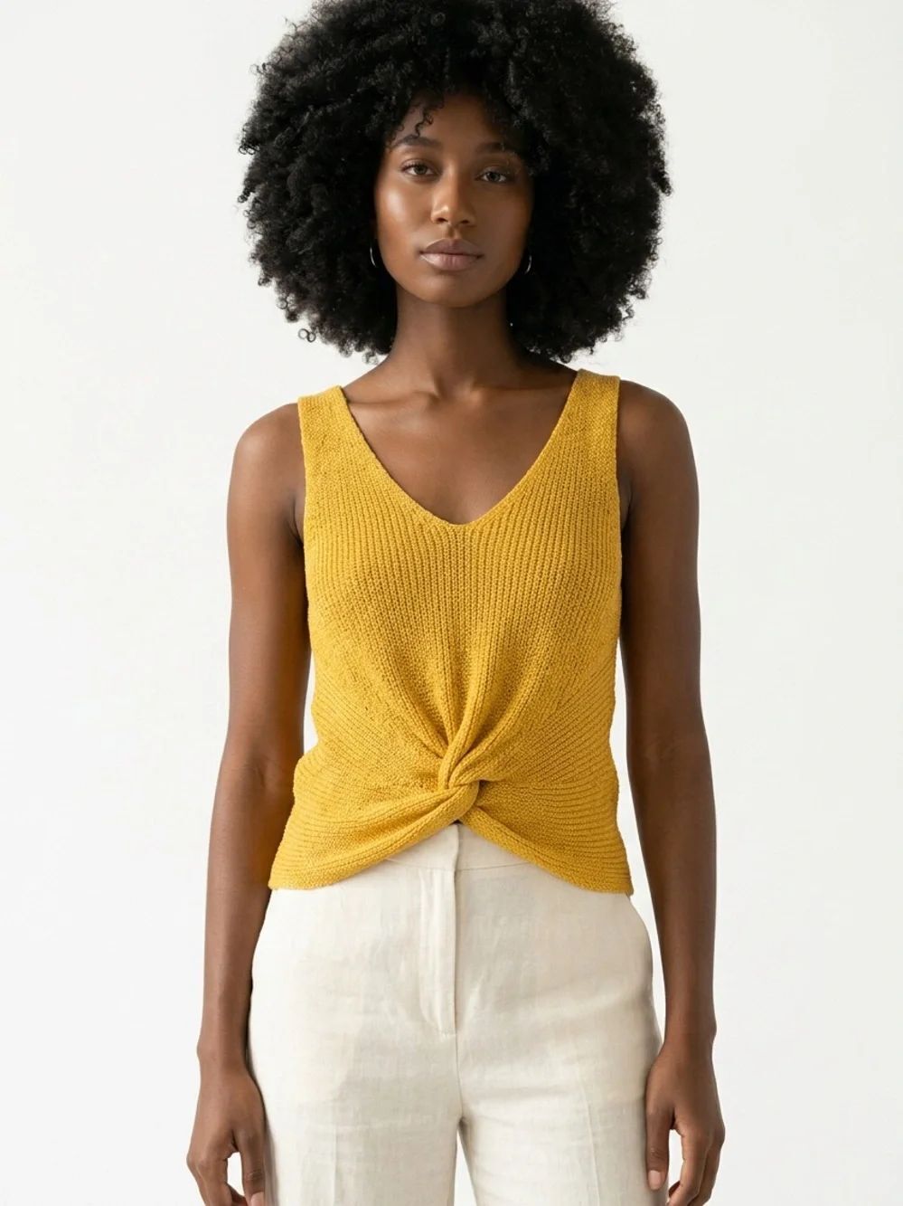 MOON & MADISON | NEW Mustard Yellow Knotted V-Neck Knit Tank Top Women’s Size L